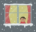 Window with red curtains on a snowy day. A little boy in the room is surprised, looking at the snow