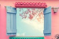 window with sakura pink flower viewpoint. Royalty Free Stock Photo