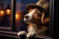 Window scene, dog wears hat, capturing a moment of charming observation Royalty Free Stock Photo