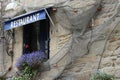 Window of seafood restaurant with flowers and netting Royalty Free Stock Photo