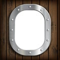 Window ship porthole with white background. On a wooden wall. Royalty Free Stock Photo