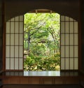 Window at Shofuen tea house, Fukuoka city, Japan. Royalty Free Stock Photo