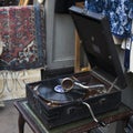 Window shop of old shop with antique vintage pillow and lamp Royalty Free Stock Photo