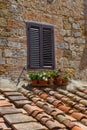 Window with shutter in Tuscany with flowers and brick Royalty Free Stock Photo