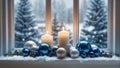Window sill with Christmas balls, house , Christmas tree decoration decorative