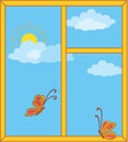 Window with sky, sun and butterflies