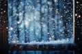 A window with snow falling on it