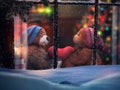 window in the snow looking at plush bears holding a heart. Christmas room with fireplace. The concept of a family