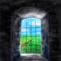 Window in a stone wall. Hope for the future