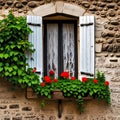 A window in the stone wall of an old house overgrown with bright flowers Royalty Free Stock Photo