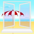 Window In The Summer. Beach Umbrella, Sea, Ship. Vector