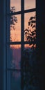 A window with a tree outside and the sun setting Royalty Free Stock Photo