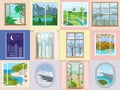 Window vector home interior design with beautiful view on mountain sea beach vacation illustration set of house wooden Royalty Free Stock Photo