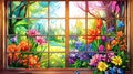 a window view of a blooming flower garden, with a variety of colorful blossoms