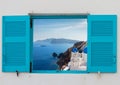 Window with view of caldera and church, Santorini Royalty Free Stock Photo