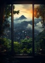 a window with a view of a city in the distance.Window view from closed window . Royalty Free Stock Photo