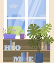 Window with a view of the city, with a flower on the windowsill and a Cup of tea. A flat illustration of a room with