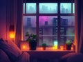 A window with a view of a city at night, cozy candlelight, window sill with plants, Lofi Style Painted.