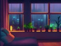 A window with a view of a city at night, cozy candlelight, window sill with plants, Lofi Style Painted.