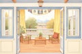 window view from a greek revival house onto its porch, magazine style illustration Royalty Free Stock Photo
