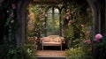 a window view of a hidden garden, with blooming flowers, ivy-covered walls Royalty Free Stock Photo