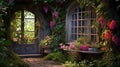 a window view of a hidden garden, with blooming flowers, ivy-covered walls