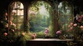 a window view of a hidden garden, with blooming flowers, ivy-covered walls