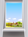 Window view interior, farm, rural landscape, animals, country nature