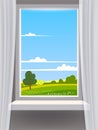 Window view interior, farm, rural summer landscape, country nature