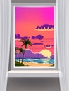 Window view interior, minimal tropical landscape, palms, sunset, cloud, beach, sea, ocean, coastal town, mountains Royalty Free Stock Photo