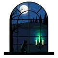 Window view of the landscape with black cat silhouette on the windowsill cartoon vector illustration. Royalty Free Stock Photo