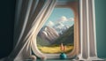 Window with a view of the mountains in the background. 3d rendering Royalty Free Stock Photo