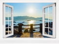 Window with a view of the ocean and mountains Royalty Free Stock Photo