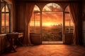A window with a view of the ocean and the sun setting. Royalty Free Stock Photo
