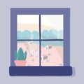 Window view over village on hills, vector illustration Royalty Free Stock Photo