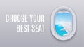 Window view plane aircraft. Plane interior travel vector flight vacation window concept banner