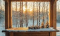 window with view snowy forest Royalty Free Stock Photo