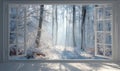 A window with a view of a snowy forest Royalty Free Stock Photo