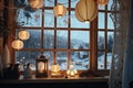 a window with a view of the snowy outdoors, decorated with festive lanterns