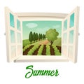 Window with view on summer farm or garden