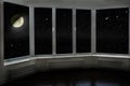 Window with view to Moon and dark stellar sky. Cosmic landscape seen from window Royalty Free Stock Photo