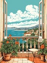 A Window With A View Of A Town And A Body Of Water, Beautiful view from the balcony on the Italian coast