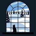 Window view of the winter landscape cartoon vector illustration Royalty Free Stock Photo