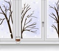 Window with views falling snow and tree. Coffee, latte, capuchino on the windowsill. Vector winter illustration for