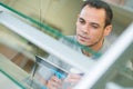 window washer working at building outdoor Royalty Free Stock Photo