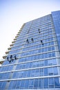 Window washers wash windows of high-rise buildings as the climbers descended and climbing on fixed ropes Royalty Free Stock Photo