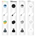 Window washing machine, mop, cleaning sponge, package with garbage. Cleaning set collection icons in cartoon black