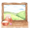 A window on which stands a jug of milk and a bowl of sour cream. View of the green hills. Watercolor illustration