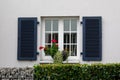 A window with white frames, dark blue shutters and flowers on the windowsill. A facade of a traditional European country house Royalty Free Stock Photo