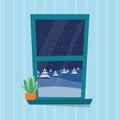 A window with a winter view. Flat cartoon style vector illustration Royalty Free Stock Photo